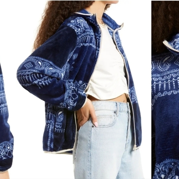 Nordstrom BP Faux Shearling Plush Fleece Blue Bandana Paisley Print Jacket Med - Picture 3 of 15